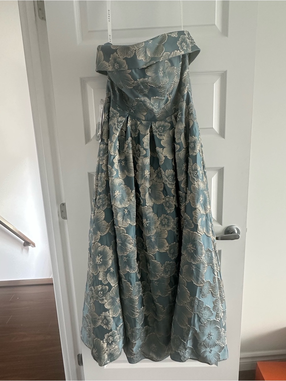Azazie Lake Blue Strapless Jacquard Floral Gown with Gold Accents